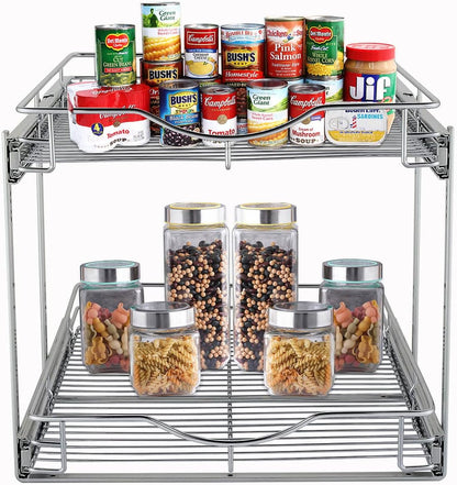 2 Tier Pull Out Cabinet Organizer (20" W X 21" D), Double Tier Wire Basket Slide Out Shelf Storage for Kitchen Base Cabinet Organization for Kitchen, Pantry, Bathroom, Chrome
