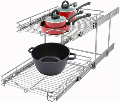 2 Tier Pull Out Cabinet Organizer (20" W X 21" D), Double Tier Wire Basket Slide Out Shelf Storage for Kitchen Base Cabinet Organization for Kitchen, Pantry, Bathroom, Chrome