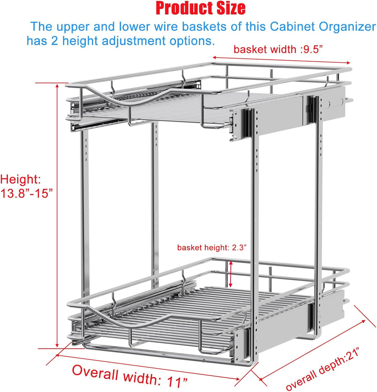 2 Tier Pull Out Cabinet Organizer (20" W X 21" D), Double Tier Wire Basket Slide Out Shelf Storage for Kitchen Base Cabinet Organization for Kitchen, Pantry, Bathroom, Chrome