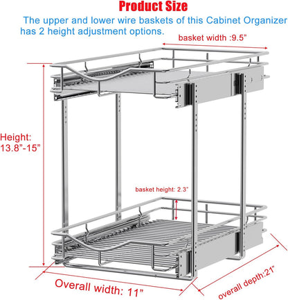 2 Tier Pull Out Cabinet Organizer (20" W X 21" D), Double Tier Wire Basket Slide Out Shelf Storage for Kitchen Base Cabinet Organization for Kitchen, Pantry, Bathroom, Chrome