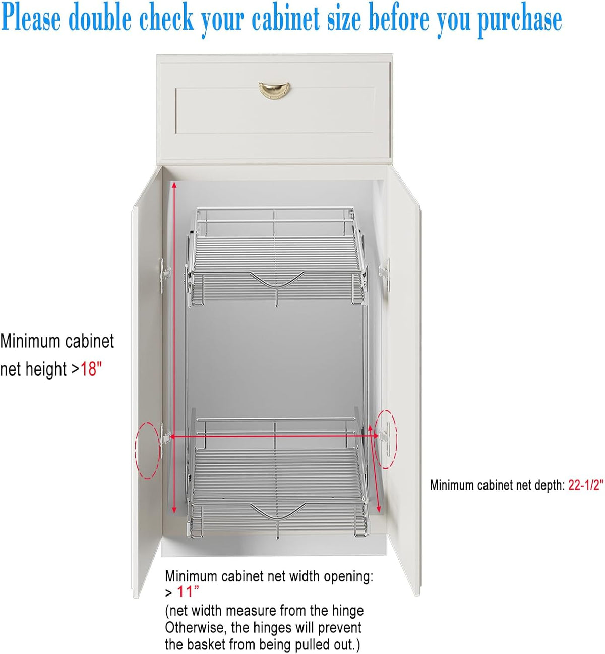 2 Tier Pull Out Cabinet Organizer (20" W X 21" D), Double Tier Wire Basket Slide Out Shelf Storage for Kitchen Base Cabinet Organization for Kitchen, Pantry, Bathroom, Chrome