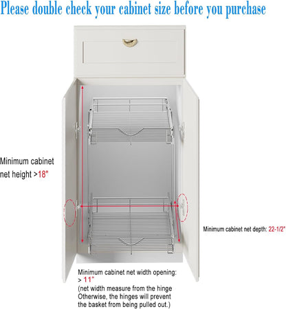 2 Tier Pull Out Cabinet Organizer (20" W X 21" D), Double Tier Wire Basket Slide Out Shelf Storage for Kitchen Base Cabinet Organization for Kitchen, Pantry, Bathroom, Chrome