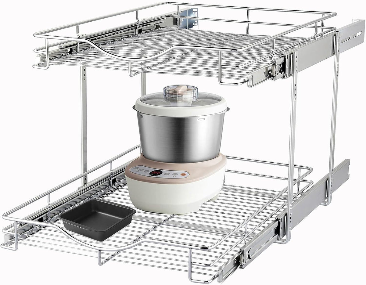 2 Tier Pull Out Cabinet Organizer (20" W X 21" D), Double Tier Wire Basket Slide Out Shelf Storage for Kitchen Base Cabinet Organization for Kitchen, Pantry, Bathroom, Chrome