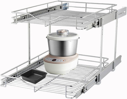 2 Tier Pull Out Cabinet Organizer (20" W X 21" D), Double Tier Wire Basket Slide Out Shelf Storage for Kitchen Base Cabinet Organization for Kitchen, Pantry, Bathroom, Chrome