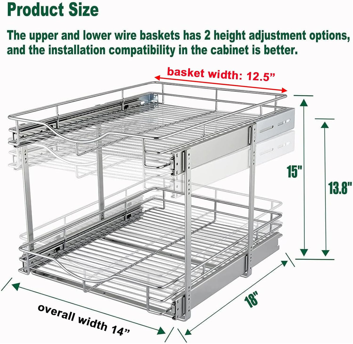 2 Tier Pull Out Cabinet Organizer (20" W X 21" D), Double Tier Wire Basket Slide Out Shelf Storage for Kitchen Base Cabinet Organization for Kitchen, Pantry, Bathroom, Chrome