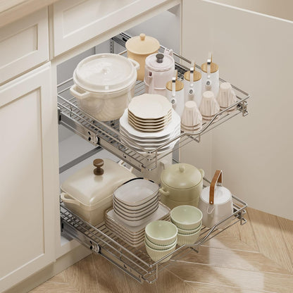 2 Tier Pull Out Cabinet Organizer (20" W X 21" D), Double Tier Wire Basket Slide Out Shelf Storage for Kitchen Base Cabinet Organization for Kitchen, Pantry, Bathroom, Chrome