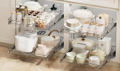 2 Tier Pull Out Cabinet Organizer (20" W X 21" D), Double Tier Wire Basket Slide Out Shelf Storage for Kitchen Base Cabinet Organization for Kitchen, Pantry, Bathroom, Chrome