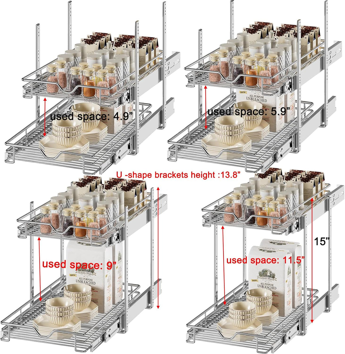 2 Tier Pull Out Cabinet Organizer (20" W X 21" D), Double Tier Wire Basket Slide Out Shelf Storage for Kitchen Base Cabinet Organization for Kitchen, Pantry, Bathroom, Chrome