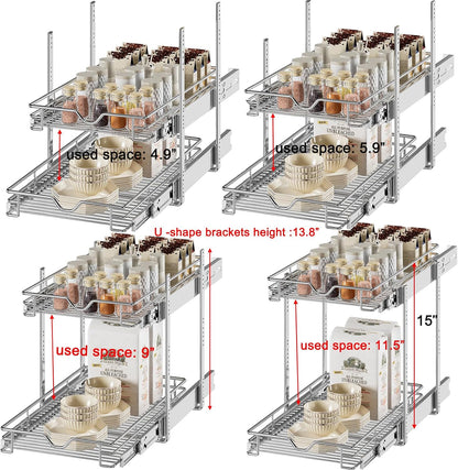 2 Tier Pull Out Cabinet Organizer (20" W X 21" D), Double Tier Wire Basket Slide Out Shelf Storage for Kitchen Base Cabinet Organization for Kitchen, Pantry, Bathroom, Chrome