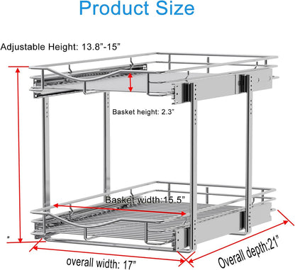 2 Tier Pull Out Cabinet Organizer (20" W X 21" D), Double Tier Wire Basket Slide Out Shelf Storage for Kitchen Base Cabinet Organization for Kitchen, Pantry, Bathroom, Chrome