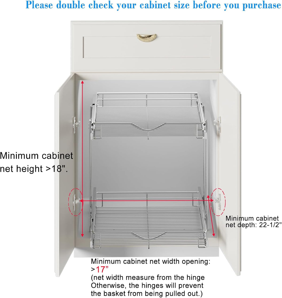 2 Tier Pull Out Cabinet Organizer (20" W X 21" D), Double Tier Wire Basket Slide Out Shelf Storage for Kitchen Base Cabinet Organization for Kitchen, Pantry, Bathroom, Chrome