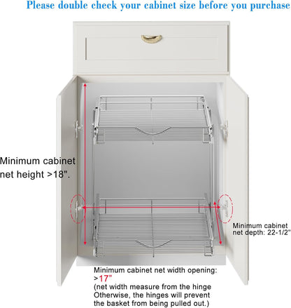 2 Tier Pull Out Cabinet Organizer (20" W X 21" D), Double Tier Wire Basket Slide Out Shelf Storage for Kitchen Base Cabinet Organization for Kitchen, Pantry, Bathroom, Chrome
