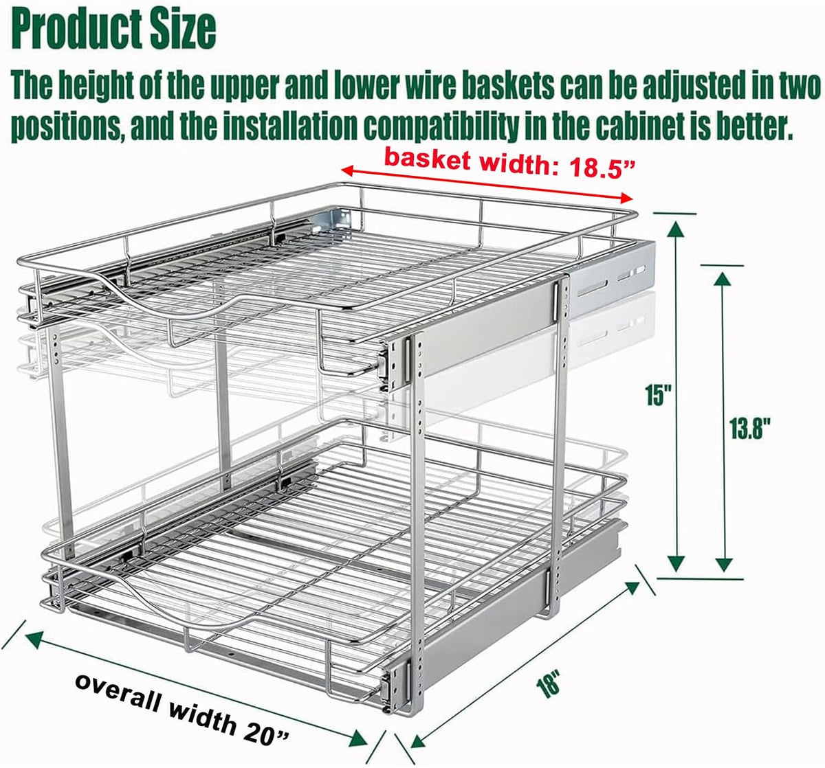 2 Tier Pull Out Cabinet Organizer (20" W X 21" D), Double Tier Wire Basket Slide Out Shelf Storage for Kitchen Base Cabinet Organization for Kitchen, Pantry, Bathroom, Chrome