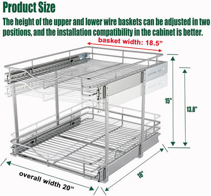 2 Tier Pull Out Cabinet Organizer (20" W X 21" D), Double Tier Wire Basket Slide Out Shelf Storage for Kitchen Base Cabinet Organization for Kitchen, Pantry, Bathroom, Chrome
