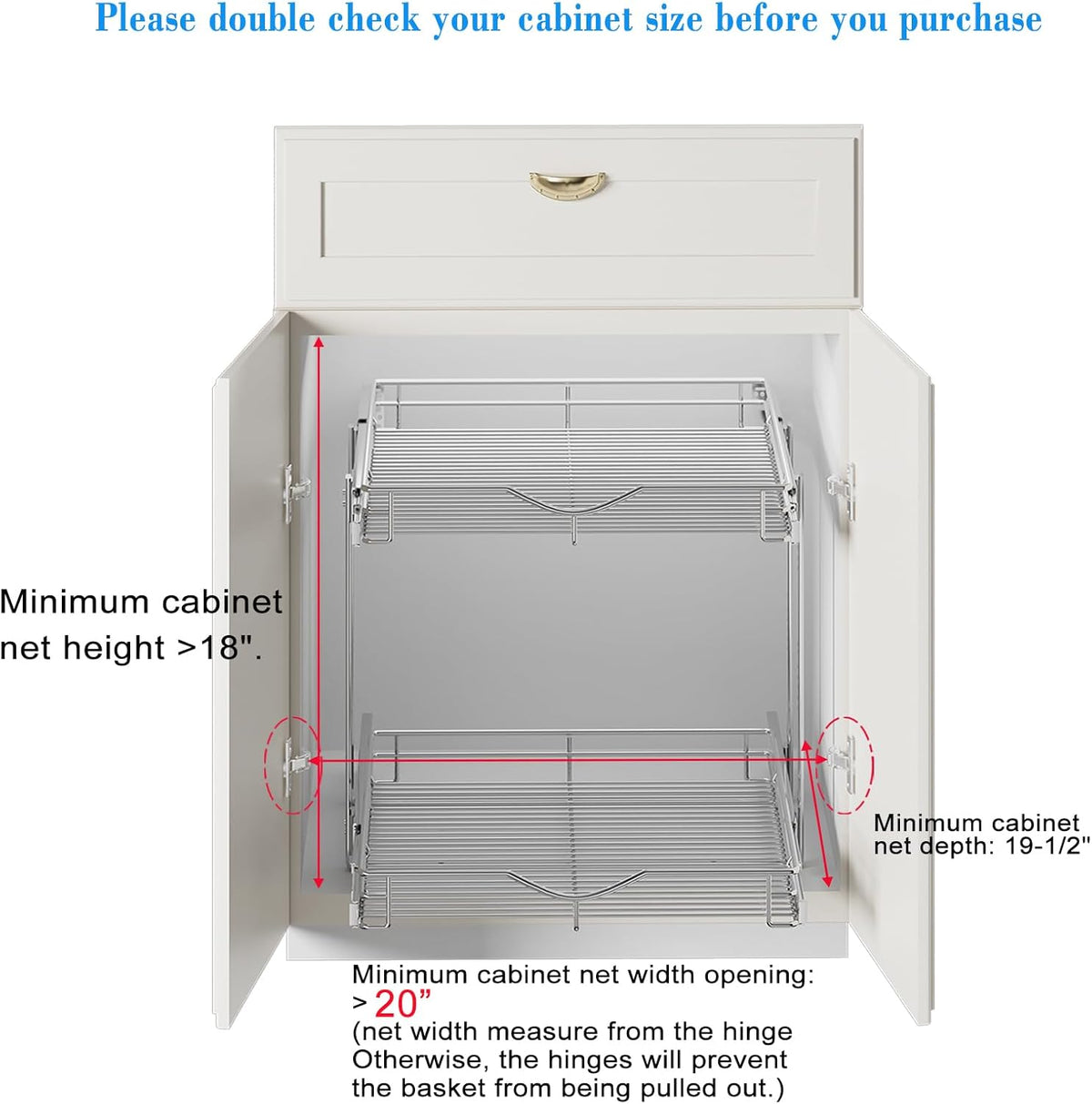 2 Tier Pull Out Cabinet Organizer (20" W X 21" D), Double Tier Wire Basket Slide Out Shelf Storage for Kitchen Base Cabinet Organization for Kitchen, Pantry, Bathroom, Chrome