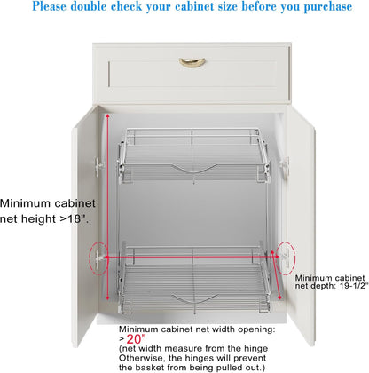 2 Tier Pull Out Cabinet Organizer (20" W X 21" D), Double Tier Wire Basket Slide Out Shelf Storage for Kitchen Base Cabinet Organization for Kitchen, Pantry, Bathroom, Chrome