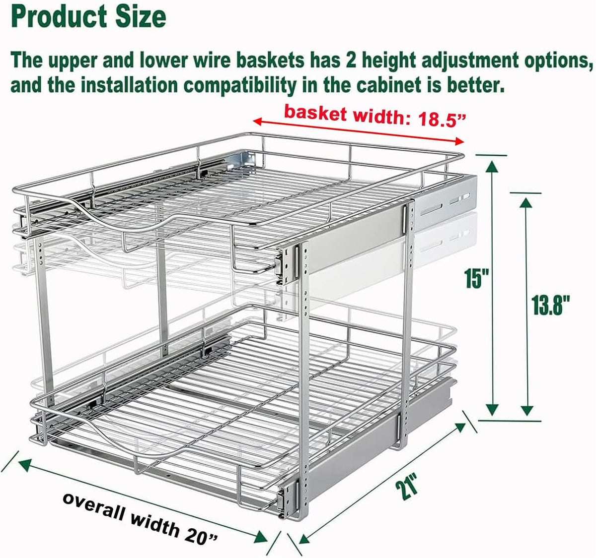 2 Tier Pull Out Cabinet Organizer (20" W X 21" D), Double Tier Wire Basket Slide Out Shelf Storage for Kitchen Base Cabinet Organization for Kitchen, Pantry, Bathroom, Chrome