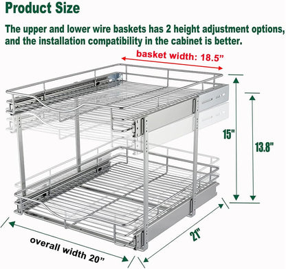 2 Tier Pull Out Cabinet Organizer (20" W X 21" D), Double Tier Wire Basket Slide Out Shelf Storage for Kitchen Base Cabinet Organization for Kitchen, Pantry, Bathroom, Chrome