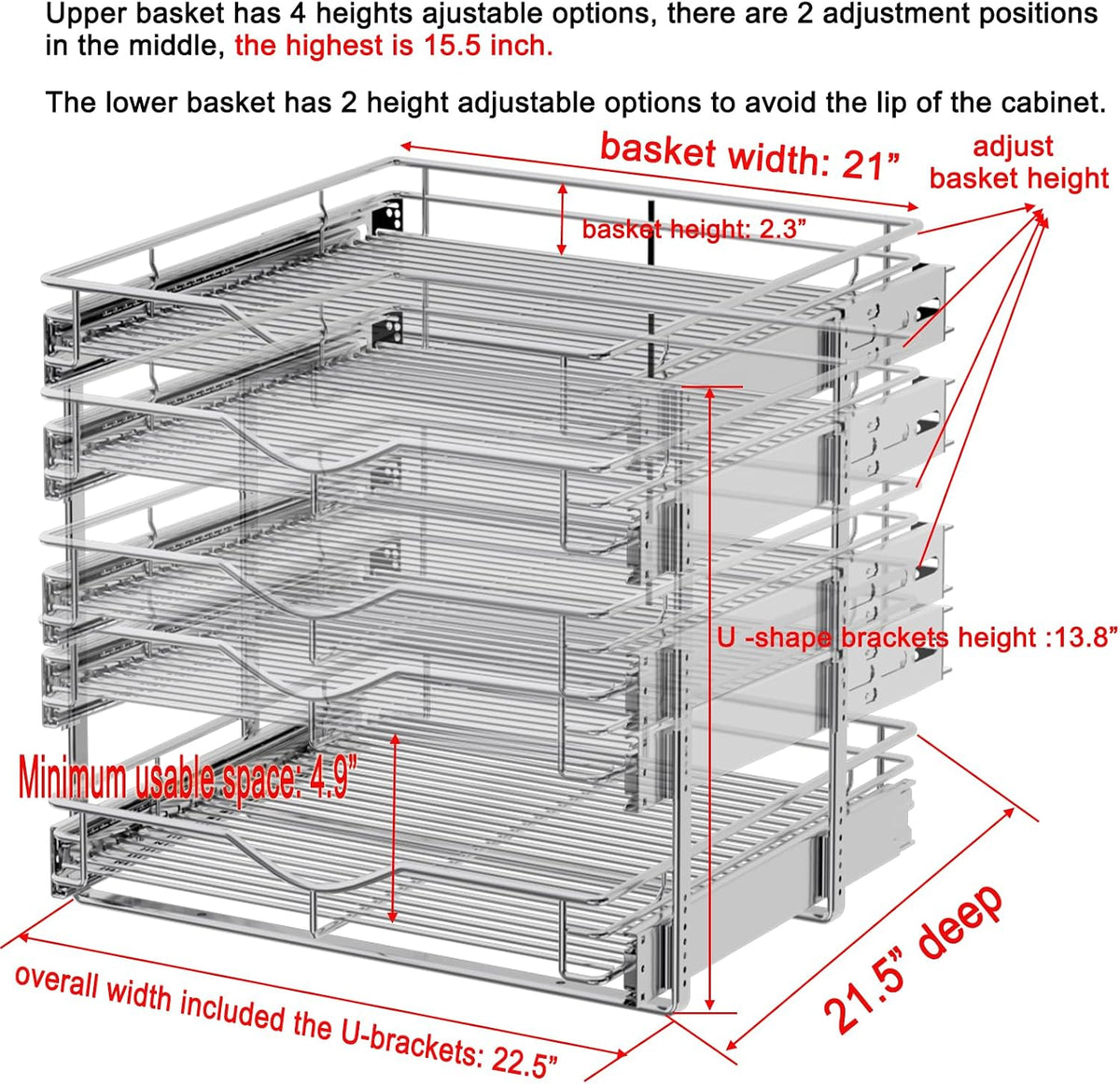 2 Tier Pull Out Cabinet Organizer (20" W X 21" D), Double Tier Wire Basket Slide Out Shelf Storage for Kitchen Base Cabinet Organization for Kitchen, Pantry, Bathroom, Chrome