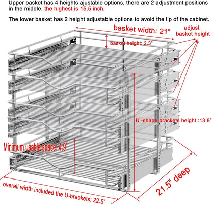 2 Tier Pull Out Cabinet Organizer (20" W X 21" D), Double Tier Wire Basket Slide Out Shelf Storage for Kitchen Base Cabinet Organization for Kitchen, Pantry, Bathroom, Chrome