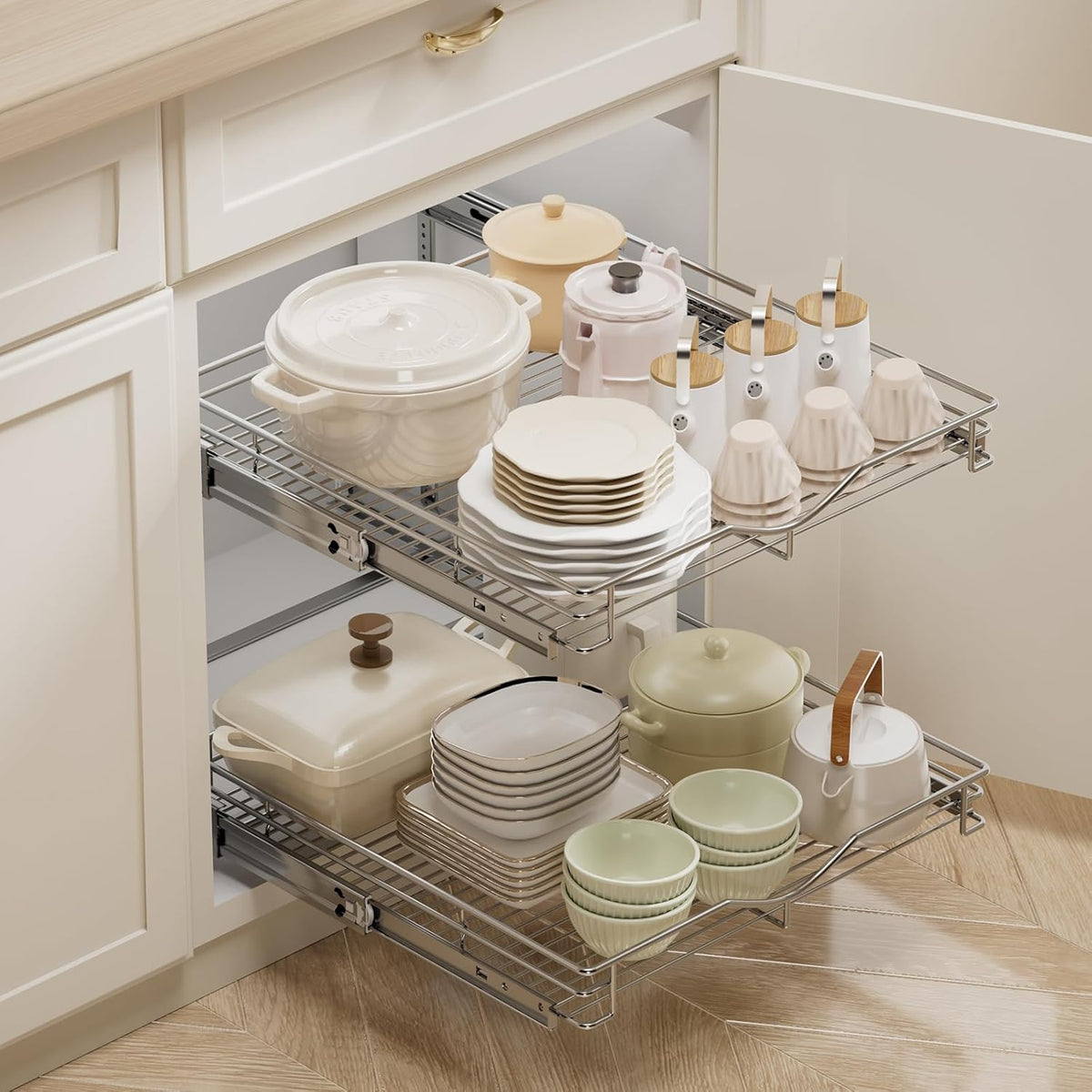 2 Tier Pull Out Cabinet Organizer (20" W X 21" D), Double Tier Wire Basket Slide Out Shelf Storage for Kitchen Base Cabinet Organization for Kitchen, Pantry, Bathroom, Chrome