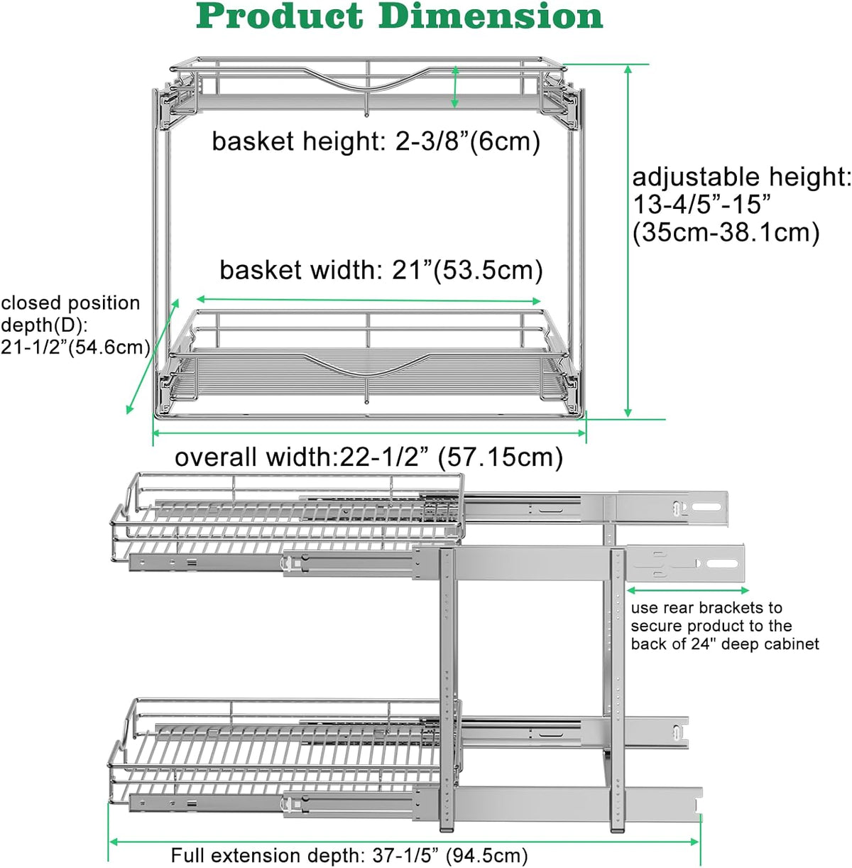 2 Tier Pull Out Cabinet Organizer (20" W X 21" D), Double Tier Wire Basket Slide Out Shelf Storage for Kitchen Base Cabinet Organization for Kitchen, Pantry, Bathroom, Chrome