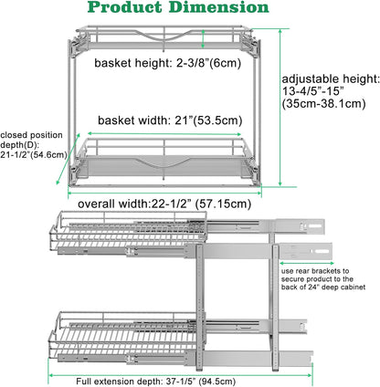 2 Tier Pull Out Cabinet Organizer (20" W X 21" D), Double Tier Wire Basket Slide Out Shelf Storage for Kitchen Base Cabinet Organization for Kitchen, Pantry, Bathroom, Chrome