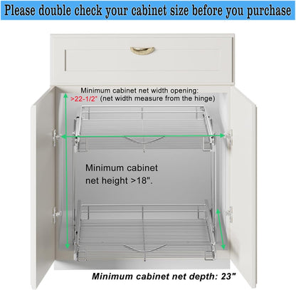 2 Tier Pull Out Cabinet Organizer (20" W X 21" D), Double Tier Wire Basket Slide Out Shelf Storage for Kitchen Base Cabinet Organization for Kitchen, Pantry, Bathroom, Chrome