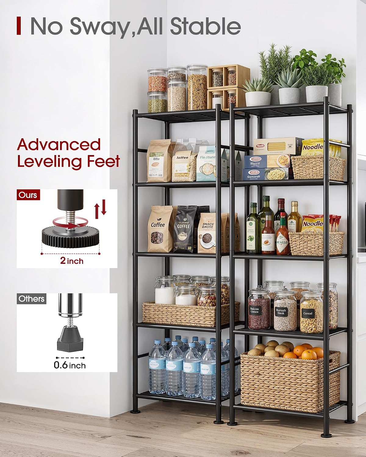 2-Pack 5-Tier Metal Storage Shelves, 18.4"x12.6"x57.4", Black