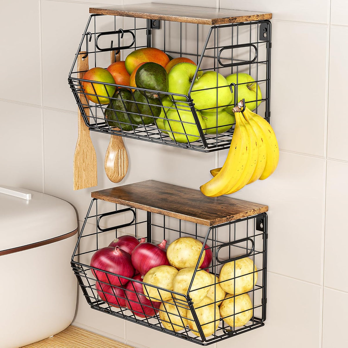 Stackable Metal Fruit Basket with Wood Lid, Hanging Wall Organizer for Kitchen Counter, Pantry Storage for Onions, Potatoes, Garlic, Fruits, Spices, Black