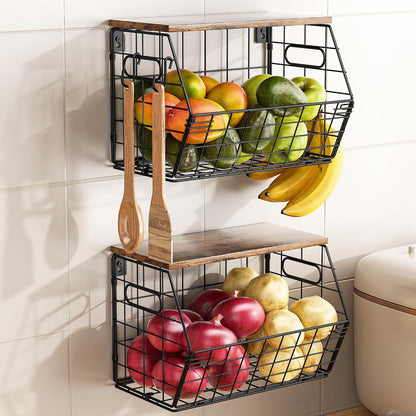 Stackable Metal Fruit Basket with Wood Lid, Hanging Wall Organizer for Kitchen Counter, Pantry Storage for Onions, Potatoes, Garlic, Fruits, Spices, Black
