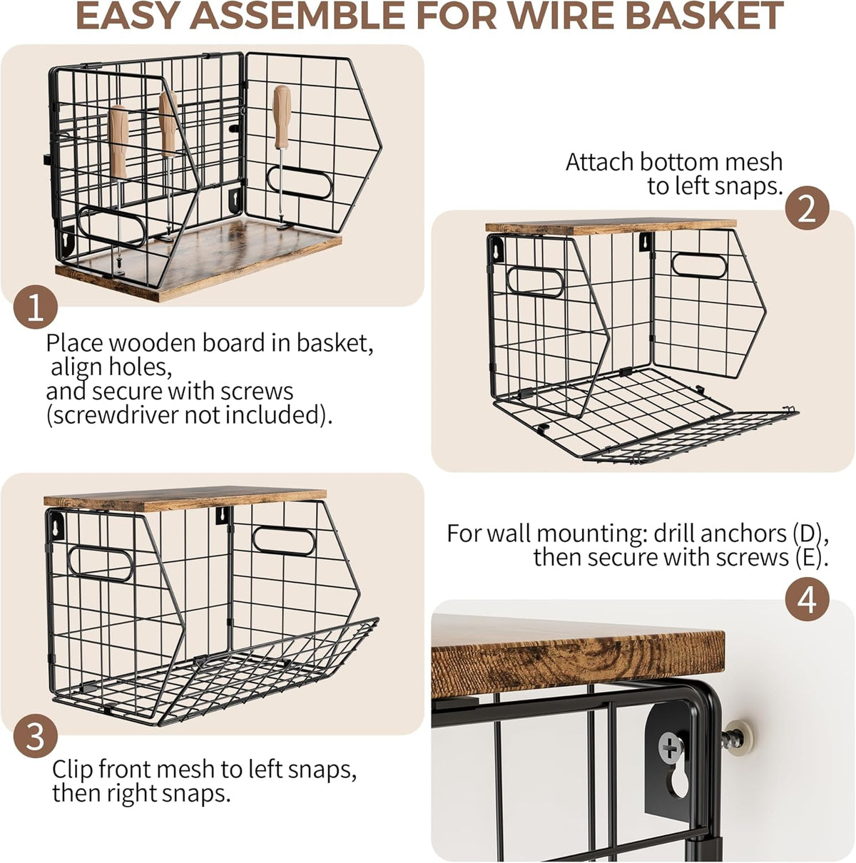 Stackable Metal Fruit Basket with Wood Lid, Hanging Wall Organizer for Kitchen Counter, Pantry Storage for Onions, Potatoes, Garlic, Fruits, Spices, Black