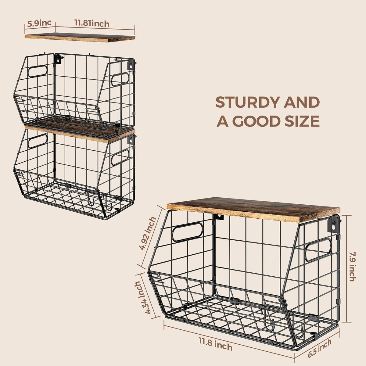 Stackable Metal Fruit Basket with Wood Lid, Hanging Wall Organizer for Kitchen Counter, Pantry Storage for Onions, Potatoes, Garlic, Fruits, Spices, Black
