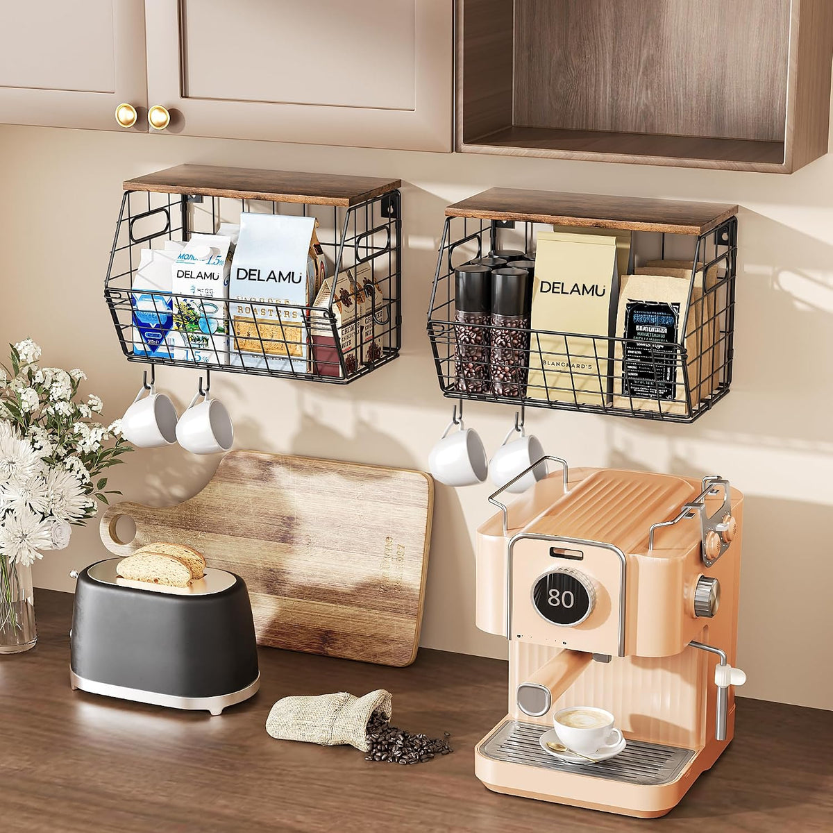 Stackable Metal Fruit Basket with Wood Lid, Hanging Wall Organizer for Kitchen Counter, Pantry Storage for Onions, Potatoes, Garlic, Fruits, Spices, Black
