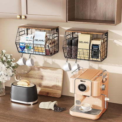 Stackable Metal Fruit Basket with Wood Lid, Hanging Wall Organizer for Kitchen Counter, Pantry Storage for Onions, Potatoes, Garlic, Fruits, Spices, Black