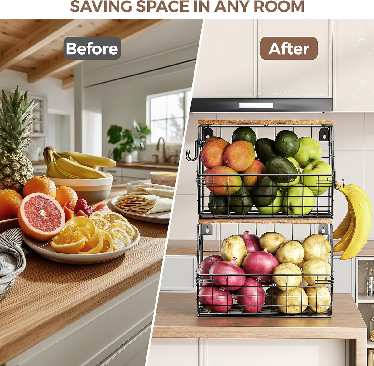 Stackable Metal Fruit Basket with Wood Lid, Hanging Wall Organizer for Kitchen Counter, Pantry Storage for Onions, Potatoes, Garlic, Fruits, Spices, Black