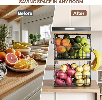 Stackable Metal Fruit Basket with Wood Lid, Hanging Wall Organizer for Kitchen Counter, Pantry Storage for Onions, Potatoes, Garlic, Fruits, Spices, Black