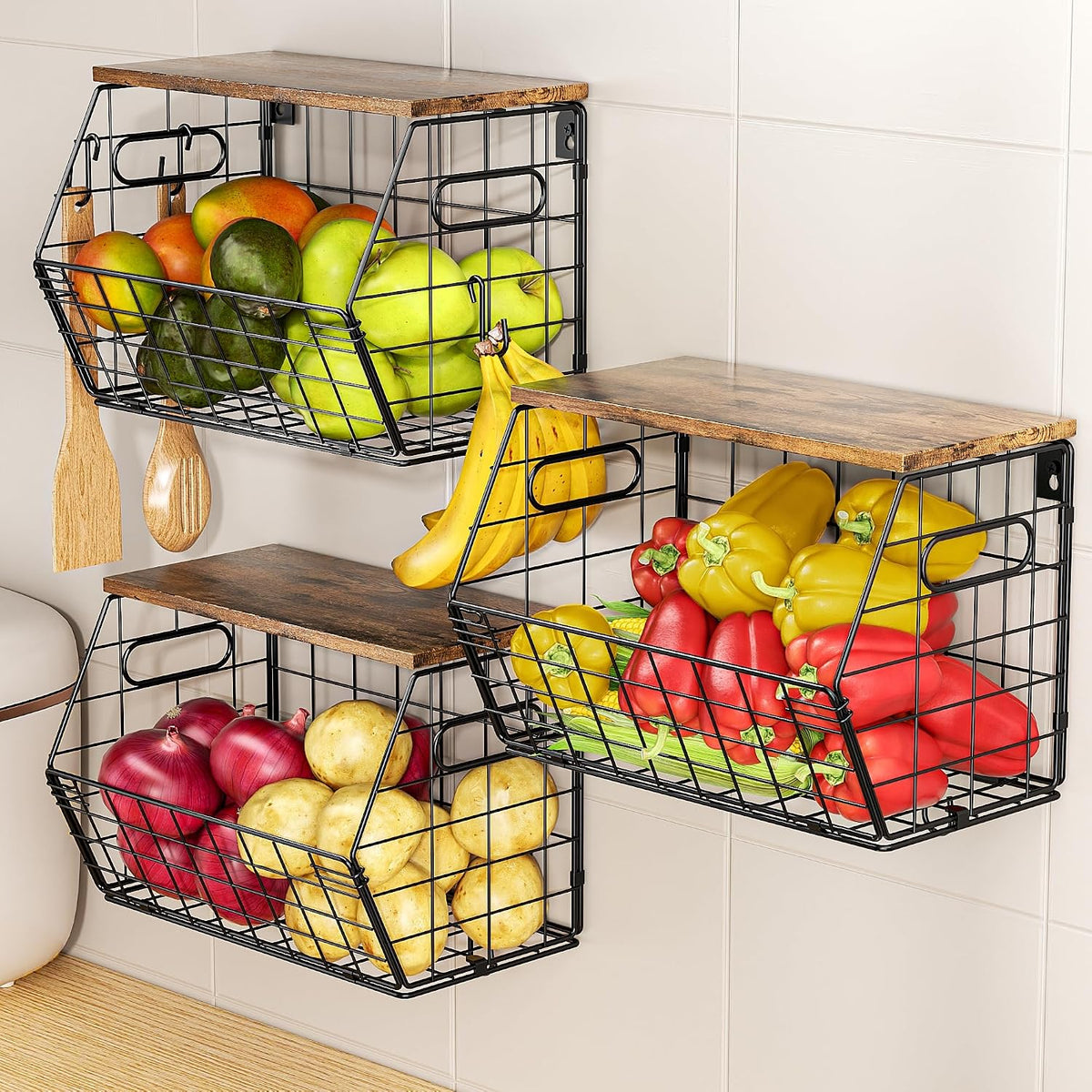 Stackable Metal Fruit Basket with Wood Lid, Hanging Wall Organizer for Kitchen Counter, Pantry Storage for Onions, Potatoes, Garlic, Fruits, Spices, Black