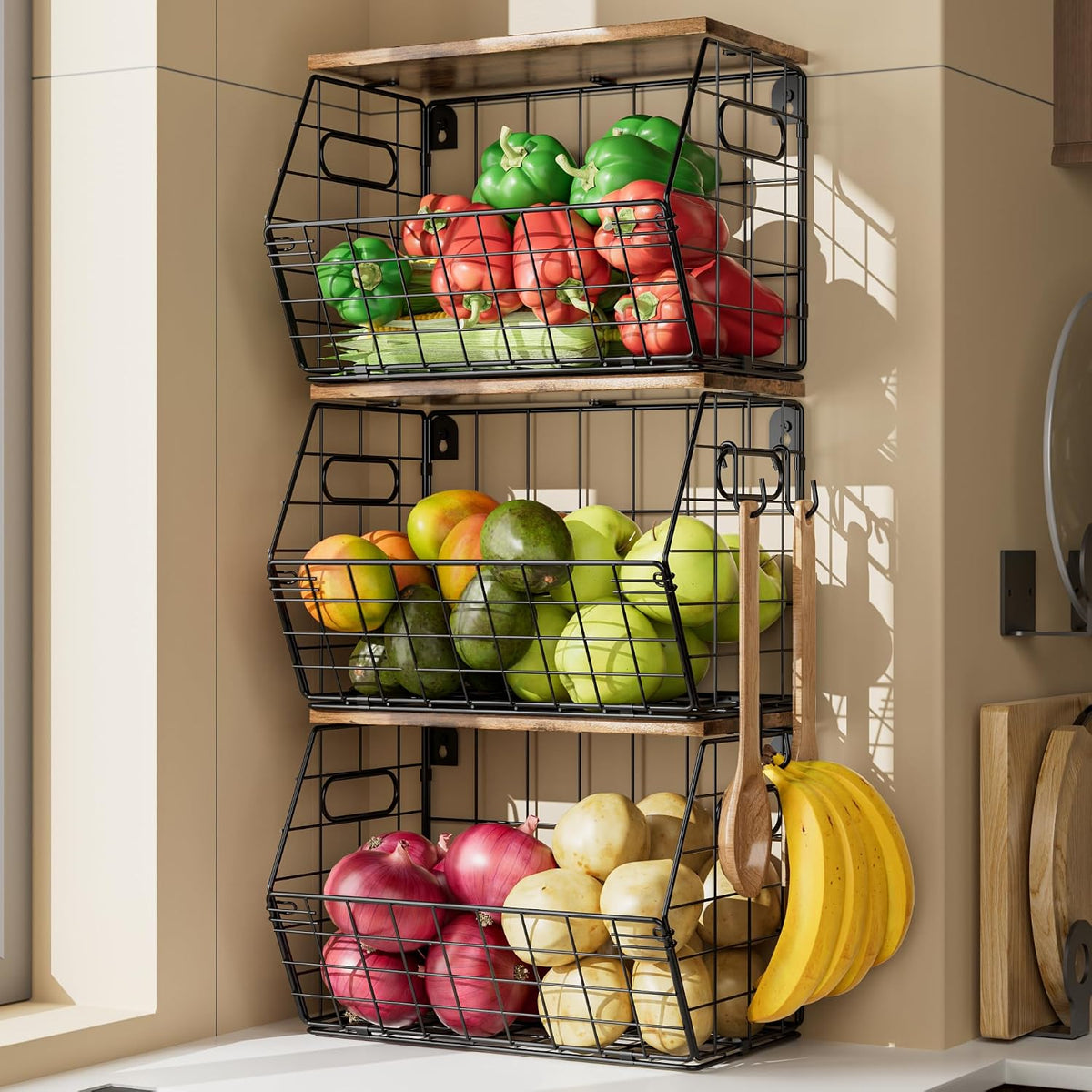 Stackable Metal Fruit Basket with Wood Lid, Hanging Wall Organizer for Kitchen Counter, Pantry Storage for Onions, Potatoes, Garlic, Fruits, Spices, Black