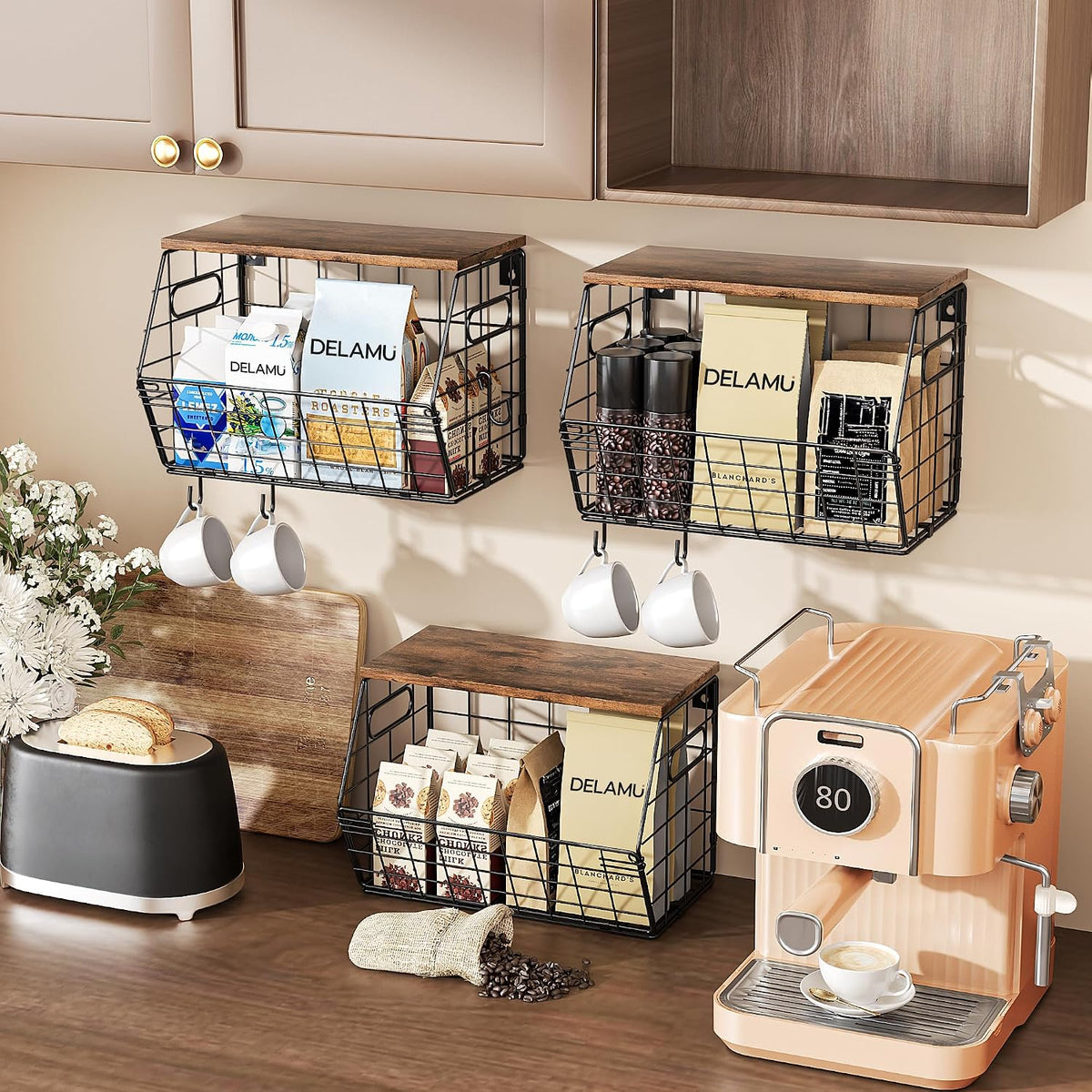 Stackable Metal Fruit Basket with Wood Lid, Hanging Wall Organizer for Kitchen Counter, Pantry Storage for Onions, Potatoes, Garlic, Fruits, Spices, Black
