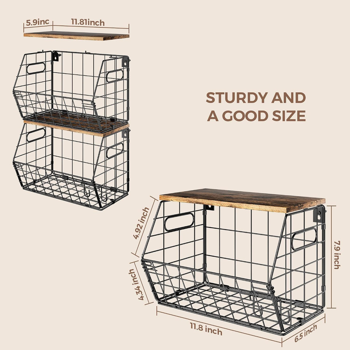 Stackable Metal Fruit Basket with Wood Lid, Hanging Wall Organizer for Kitchen Counter, Pantry Storage for Onions, Potatoes, Garlic, Fruits, Spices, Black