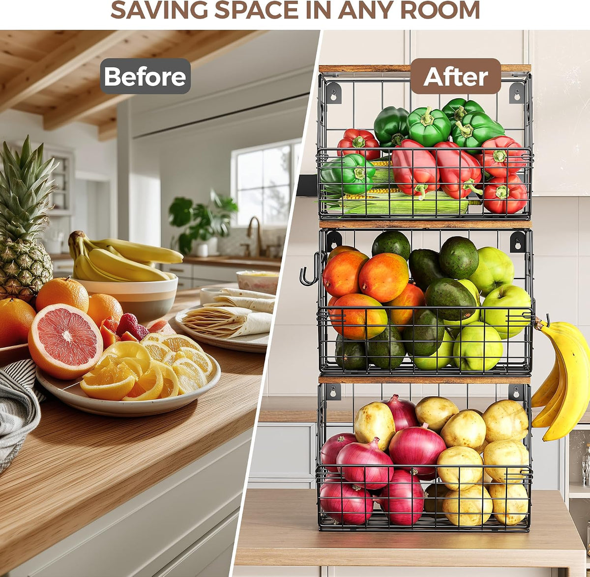 Stackable Metal Fruit Basket with Wood Lid, Hanging Wall Organizer for Kitchen Counter, Pantry Storage for Onions, Potatoes, Garlic, Fruits, Spices, Black
