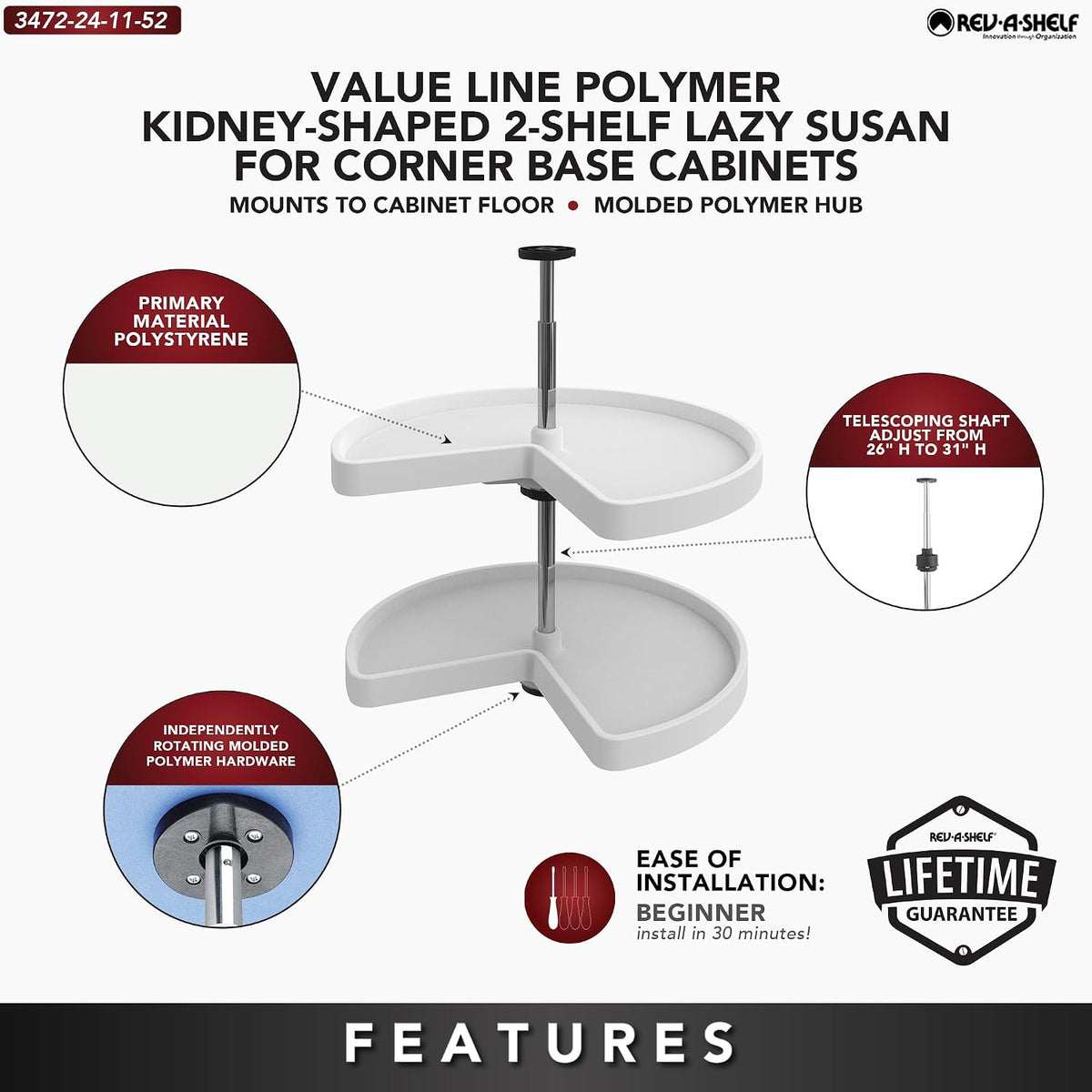 32" Kidney Shaped Dual Tier Lazy Susan for Corner Base Cabinets