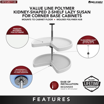 32" Kidney Shaped Dual Tier Lazy Susan for Corner Base Cabinets