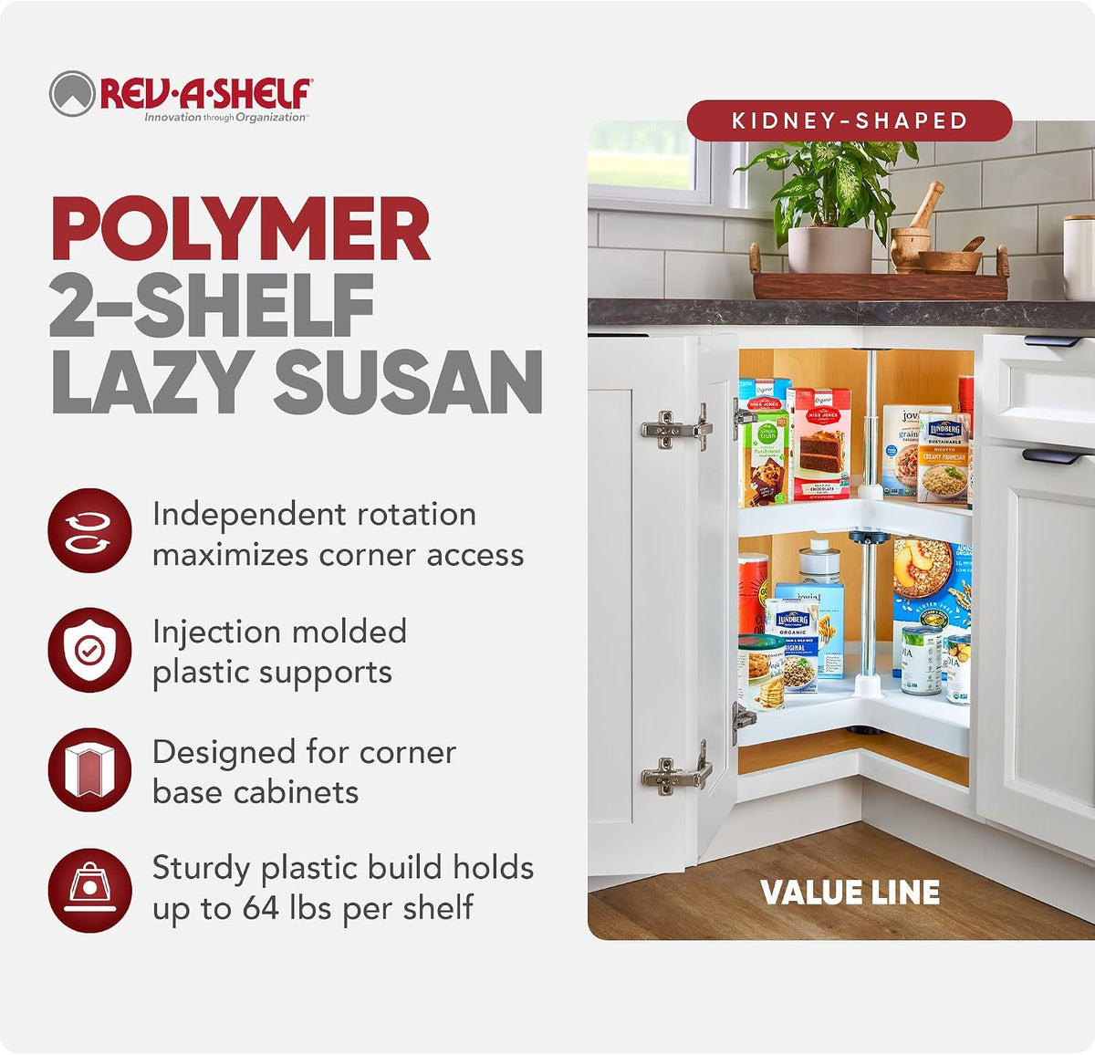32" Kidney Shaped Dual Tier Lazy Susan for Corner Base Cabinets