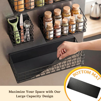 Magnetic Fridge Shelf, Metal Strong Magnet Rack, Space Saving Spice Organizer, Utensil Holder, Fruit Potato Onion Storage Bins, Black Refrigerator Organizers and Storage
