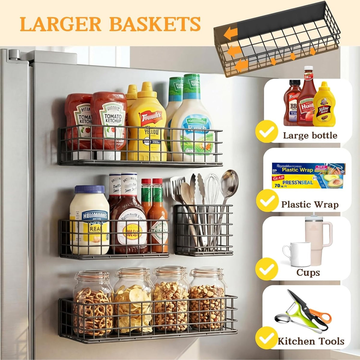 Magnetic Fridge Shelf, Metal Strong Magnet Rack, Space Saving Spice Organizer, Utensil Holder, Fruit Potato Onion Storage Bins, Black Refrigerator Organizers and Storage