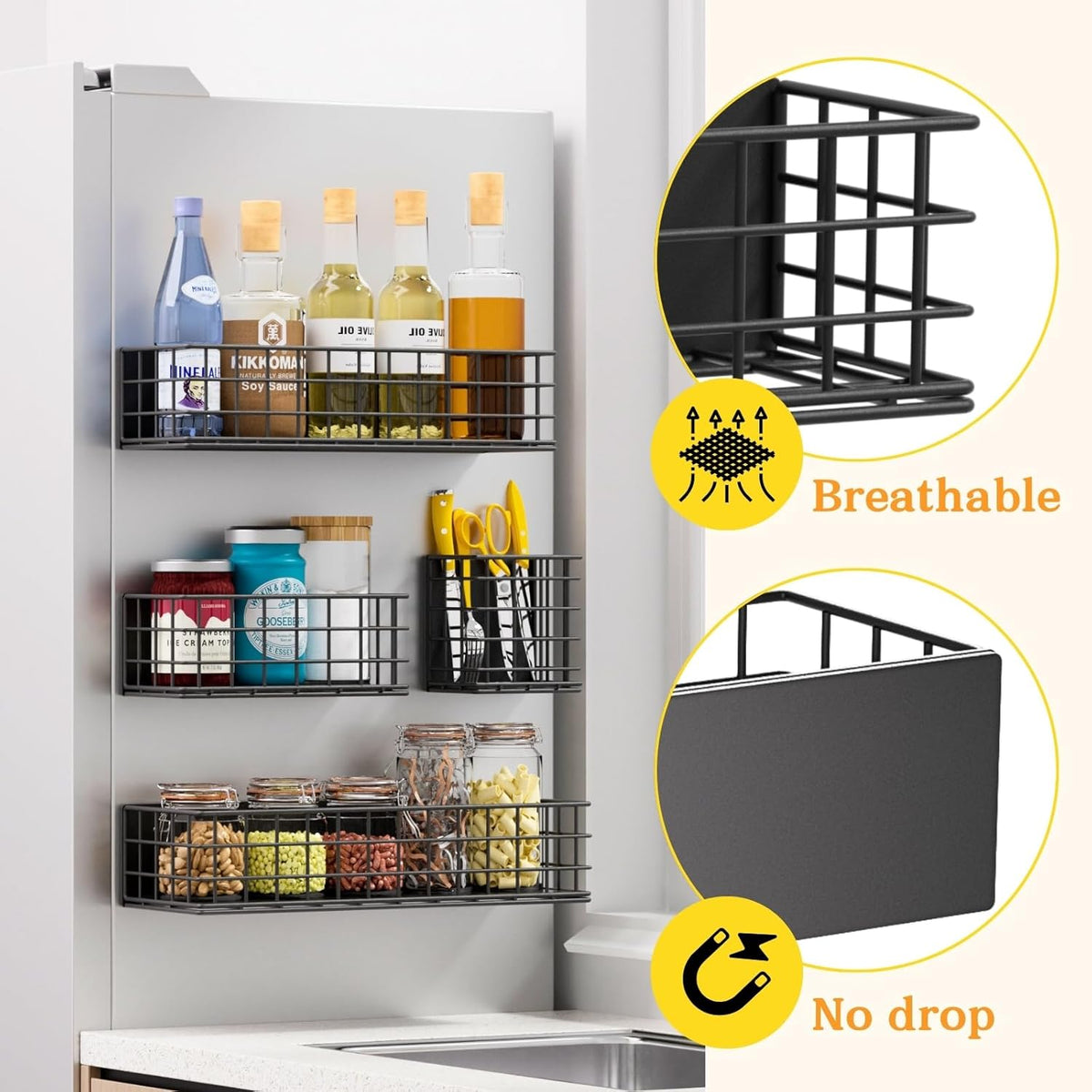 Magnetic Fridge Shelf, Metal Strong Magnet Rack, Space Saving Spice Organizer, Utensil Holder, Fruit Potato Onion Storage Bins, Black Refrigerator Organizers and Storage