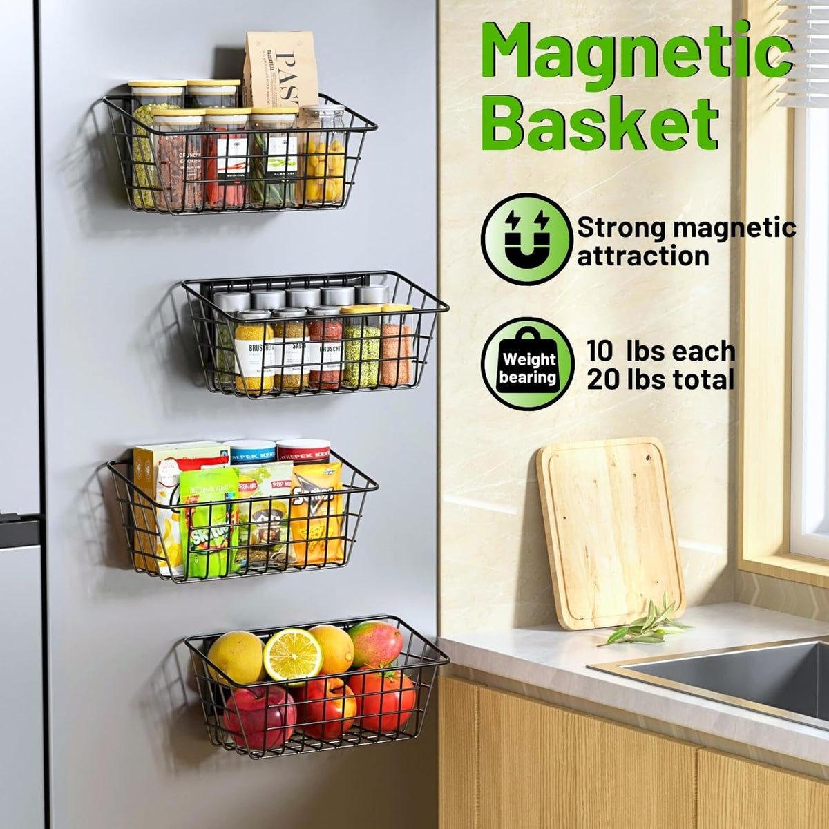 Magnetic Fridge Shelf, Metal Strong Magnet Rack, Space Saving Spice Organizer, Utensil Holder, Fruit Potato Onion Storage Bins, Black Refrigerator Organizers and Storage