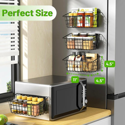 Magnetic Fridge Shelf, Metal Strong Magnet Rack, Space Saving Spice Organizer, Utensil Holder, Fruit Potato Onion Storage Bins, Black Refrigerator Organizers and Storage